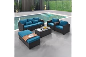 wudipatio 6 Pieces Outdoor Patio Furniture Sets with Furniture Cover, PE Rattan Wicker Patio Conversation Set with Tea Table (Peacock Blue, Rattan Storage Table)