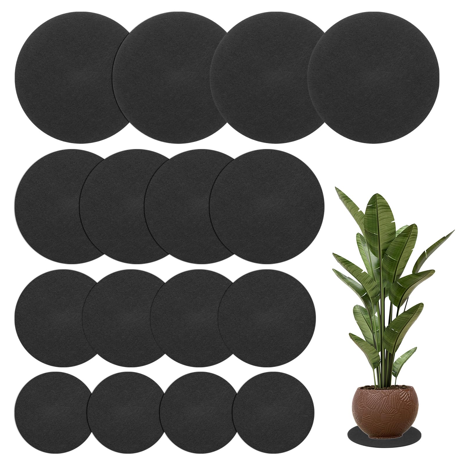 M METERXITY 16-Pack Felt Plant Coasters, 4/6/8/10 Inch Round Felt Coasters Plant Mats for House Plants Indoor/Waterproof Felt Pads for Plants/DIY Cork Pads [Black]