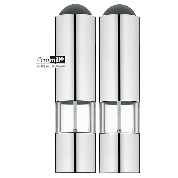 WMF Elektrische Mühle Set, 2-teilig, Salz und Pfeffermühle, unbefüllt, LED Leuchte, Cromargan Edelstahl, matt, Glas Keramikma