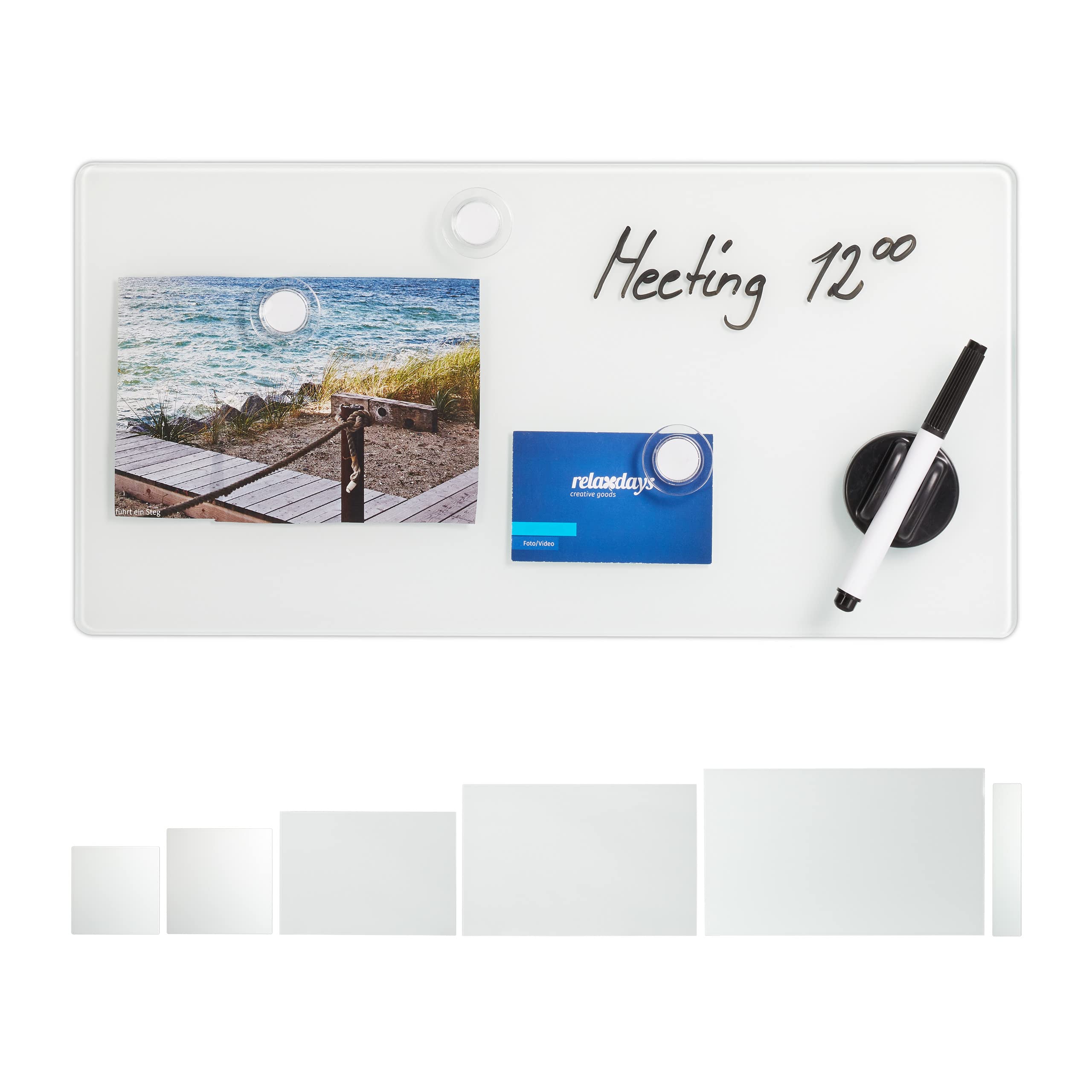 Relaxdays Glass Magnetic Dry Erase Memo Board 20 x 40 cm, Writable, 3 Magnets, Safety Glass Magnet Board, White