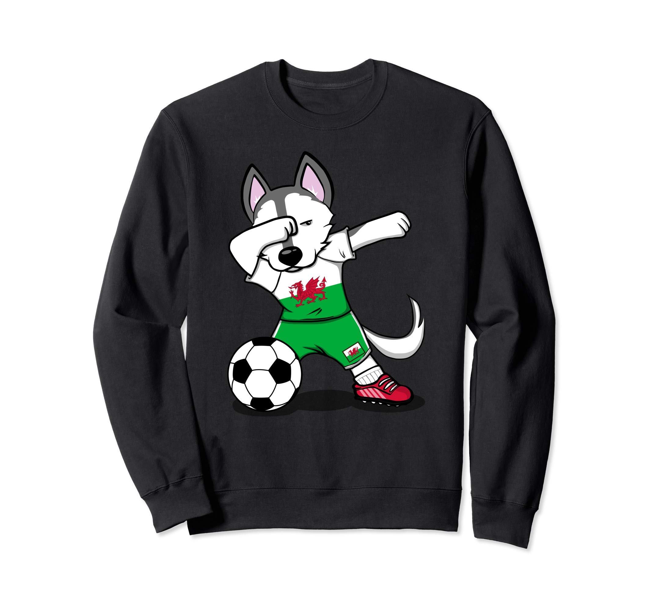 Funny Dabbing Husky Dog Wales Football - Welsh Flag Soccer Sweatshirt