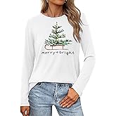 Christmas Shirts Womens Merry and Bright Shirt Christmas Tree Graphic Tee Xmas Holiday Long Sleeve Tshirt Top