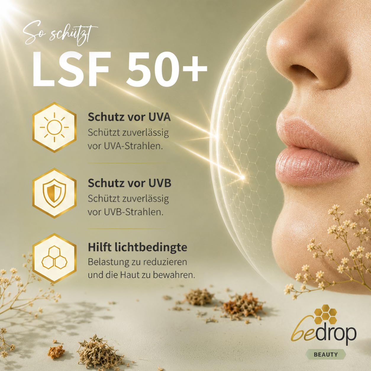 bedrop Sun Balm LSF 50+ | getönte Lippenpflege mit Gelée Royale, Manuka & zartem Vanilleduft - Sonnenschutz mit SPF gegen Sonnenschäden 6