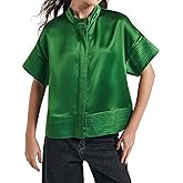 D-Sun Women's Casual Button Down Shirts Oversized Short Sleeve Stand Collar Tops Trendy Work Blouses