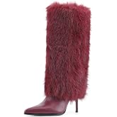 QIV Fur Knee High Boots Women Pointed Toe Stiletto Winter Fashion Tall Boot for Women