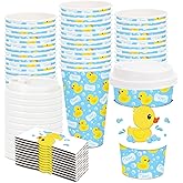 JarThenaAMCS 48 Set Summer Rubber Duck Disposable Coffee Cups with Lids and Sleeves Cute Yellow Duck Blue Soap Bubble Paper Drinking Cup for Birthday Baby Shower Party Supplies