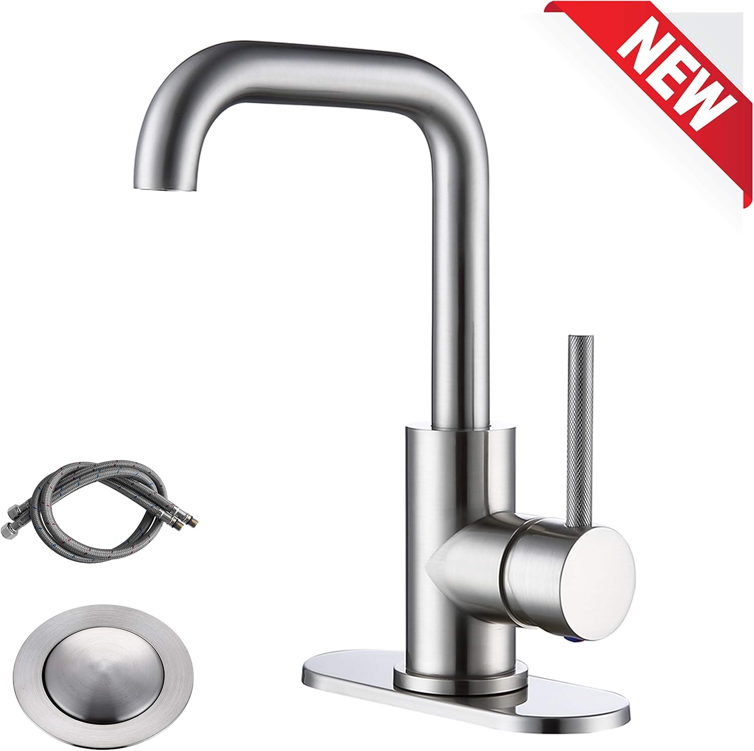RKF Single-Handle Swivel Spout Bathroom Sink Faucet with Pop-up Drain with overflow and CUPC Supply Hose,Bar Sink Faucet,Small Kitchen Faucet Tap,Brushed Nickel, BF3502P-BN