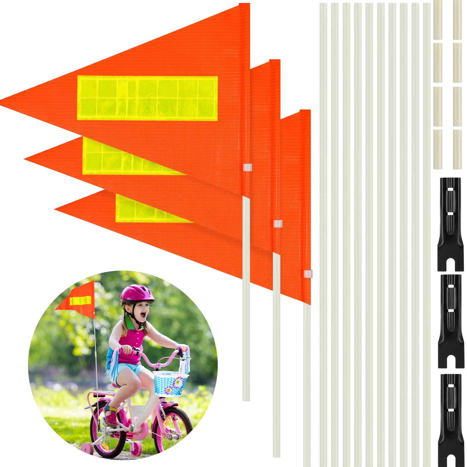Photo 1 of Windkream 3 Sets 6ft Reflective Bike Safety Flag with Pole Orange Height Visibility Adjustable Waterproof Sturdy Fiberglass Bicycle Flag Pole for Outdoor Cycling Supplies