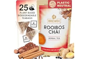 BREWIX, Rooibos Chai Tea Bags (25 Pyramid Tea Bags) Caffeine-Free, Herbal Tea, South African Red Tea | Rooibos, Cardamom, Cinnamon, Black Pepper, Nutmeg, Ginger & Clove