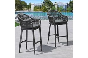 PURPLE LEAF Outdoor Bar Height Stools Set of 2 Patio Metal Modern Wicker Rattan Bar Chairs Woven Aluminum Barstools with Back and Cushions for Balcony Garden Indoor Kitchen Outside Gray