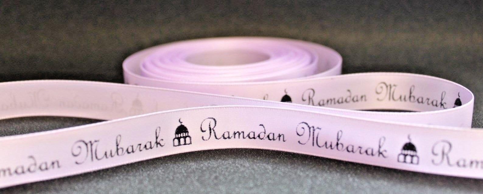 MHA UK BRANDED Lilac 16mm Ramadan Mubarak satin deorating ribbon with Mosque motif (2 metre)