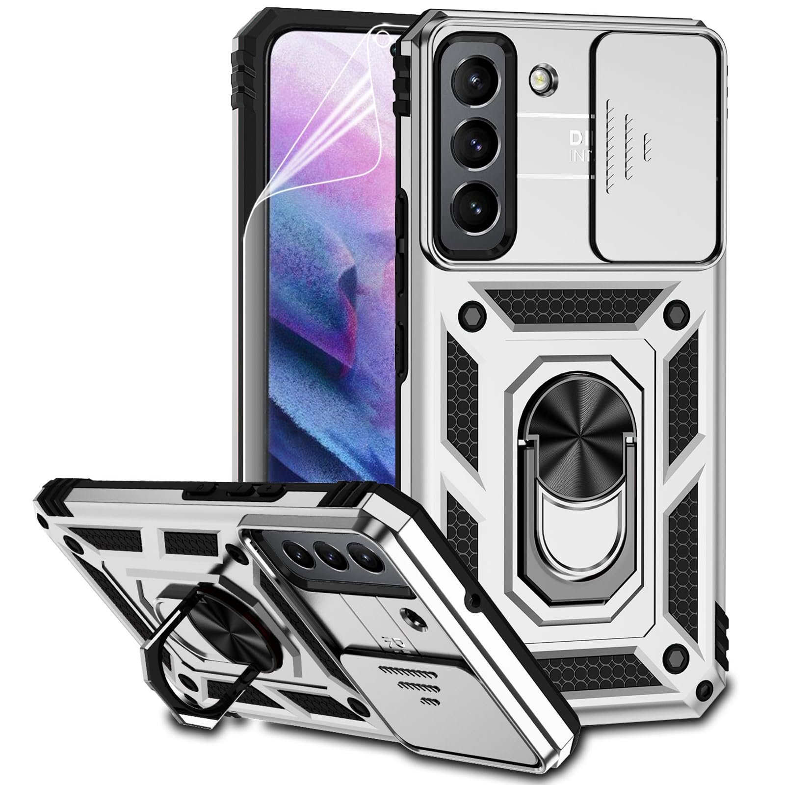 for Samsung Galaxy S22 Case with Camera Lens Cover HD Screen Protector, Dual Layer Military-Grade Drop Tested Magnetic Ring Holder Kickstand Protective Phone Case for Samsung Galaxy S22 5G (Silver)