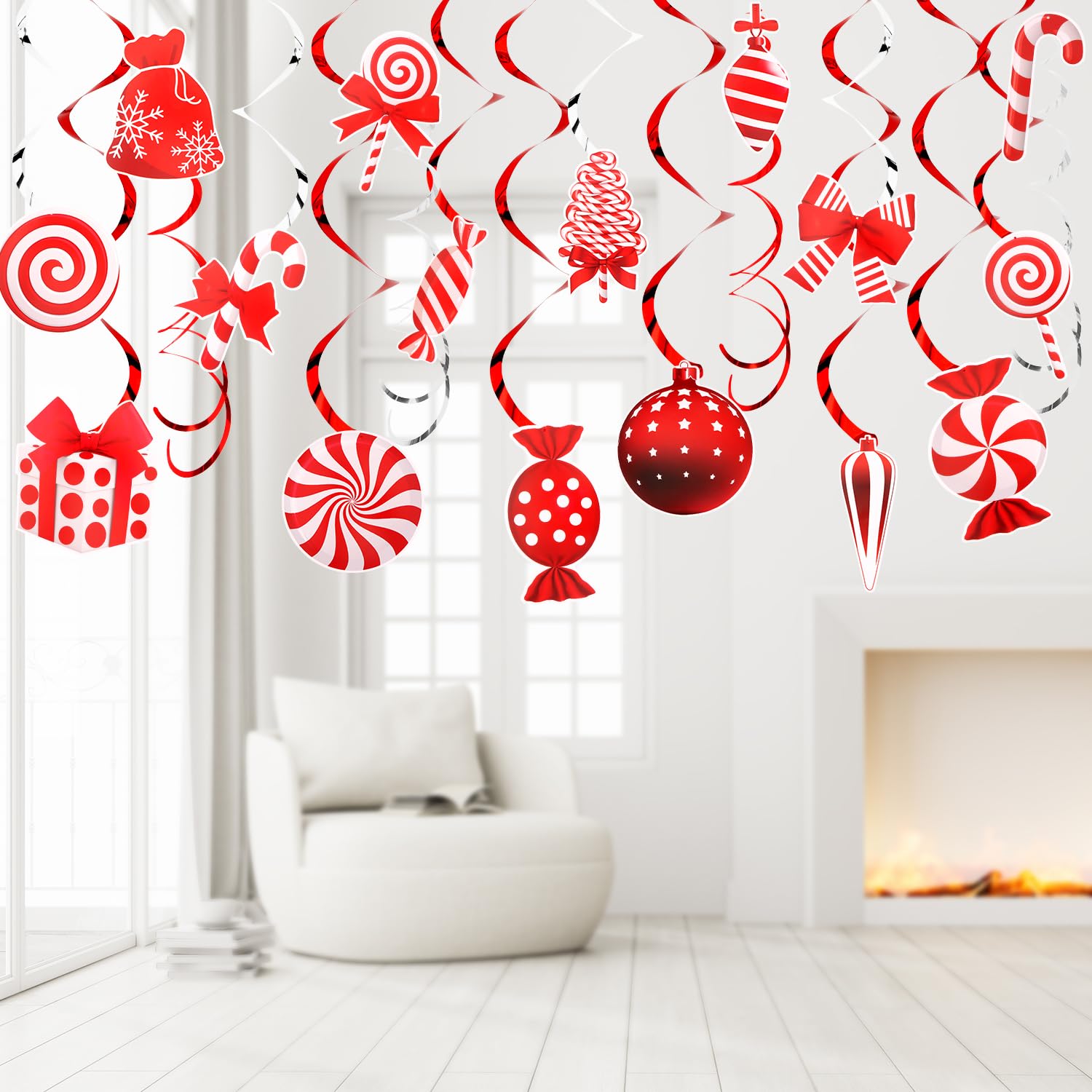OWill 30 Pcs Christmas Ceiling Decorations Christmas Hanging Swirl Decorations Kit Red Christmas Candy Decorations Xmas Ceiling Indoor Decor for Happy Christmas Holiday Party Decoration Supplies