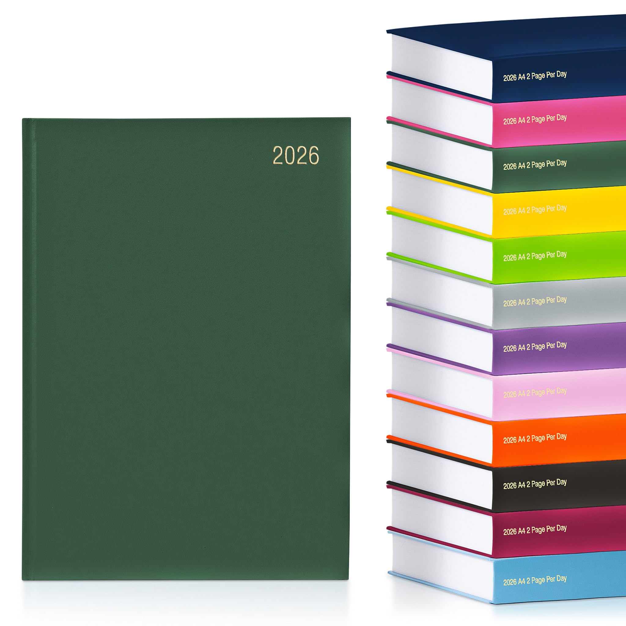 evelay 2026 A4 2 Page Per Day Diary - Hardback Daily Planner Organiser - Large Writing Space for School Home Office & Personal Use (A4, Bottle Green)