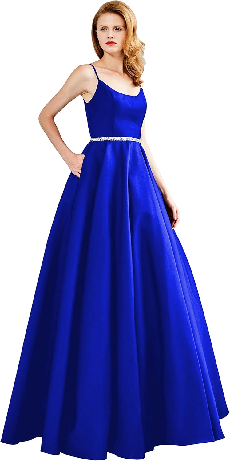 Amazon.com: Long Prom Dresses with Pockets for Women A-line Satin Beaded Empire Formal Party 