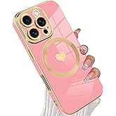 tharlet Magnetic for iPhone 16 Pro Max Case [Compatible with Magsafe] Cute Love Heart Luxury Plating Gold Edge Bumper with Full Camera Lens with Privacy Screen Protector, Chalk Pink (6.9")