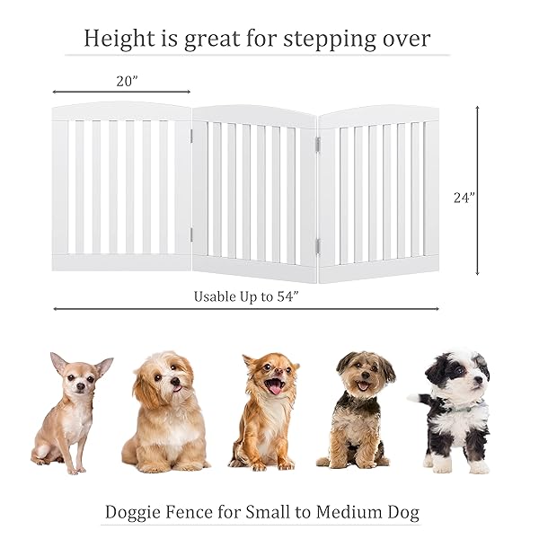 PAWLAND WOODEN FREESTANDING FOLDABLE PET GATE FOR DOGS, 24 INCH 3 PANELS STEP OVER FENCE, DOG GATE FOR THE HOUSE, DOORWAY, STAIRS, EXTRA WIDE (WHITE, 24″ HEIGHT-3 PANELS)