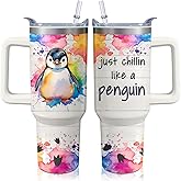 Xchearser 40oz Penguin Tumbler with Handle and Straw, Stainless Steel Insulated Cup with Lid and Straw, Travel Coffee Mug Water Bottle, Birthday Mothers Day Gifts for Women Men Animal Lovers