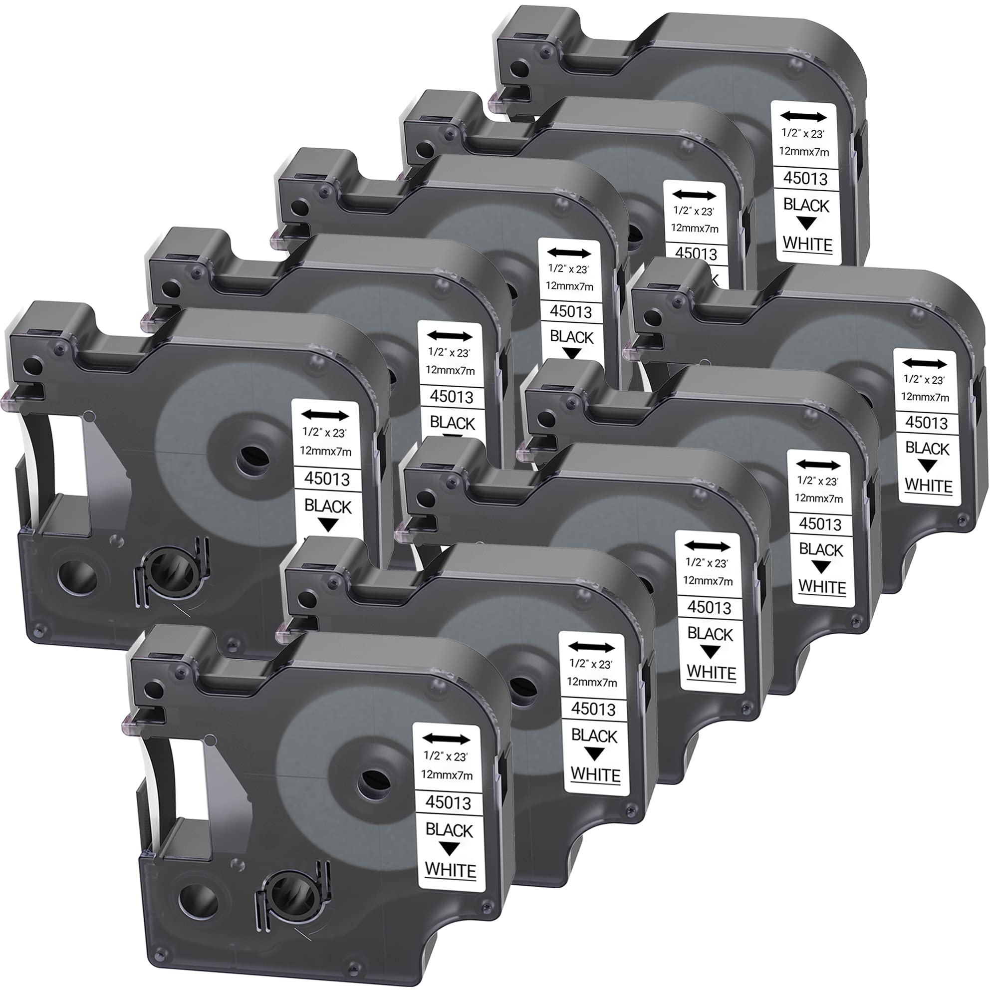 LEYF Pack of 10 Label Tape, Compatible with Dymo D1 45013 S0720530, 12 mm x 7 mm Label Tape for LabelManager 160 280 210D 360D 420P 500TS Labelpoint 250 150 450 Duo, Black on White, 45013X10
