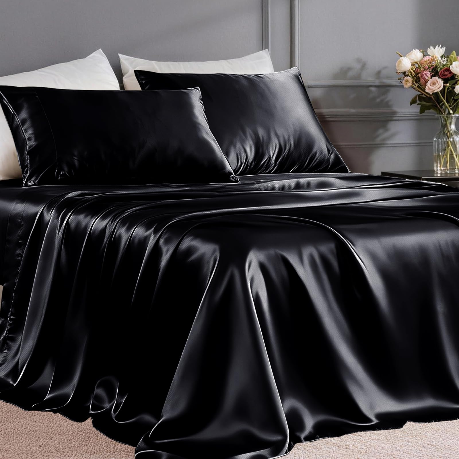 FreshCulture Satin Sheets Queen Size Bed Set- 4 Piece Luxury Soft Silky Queen Sheet Set, Similar to Silk Bed Sheets with 1 Deep Pocket Fitted Sheet, 1 Flat Sheet & 2 Pillowcases (Black)