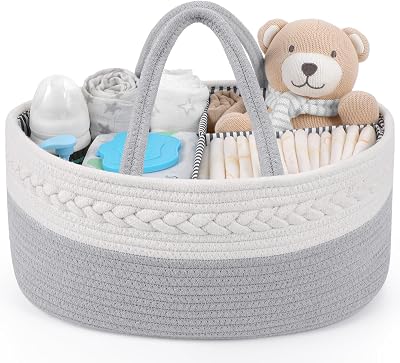Maliton Rustic Chic Diaper Caddy Cotton Rope Grey 3 Compartments