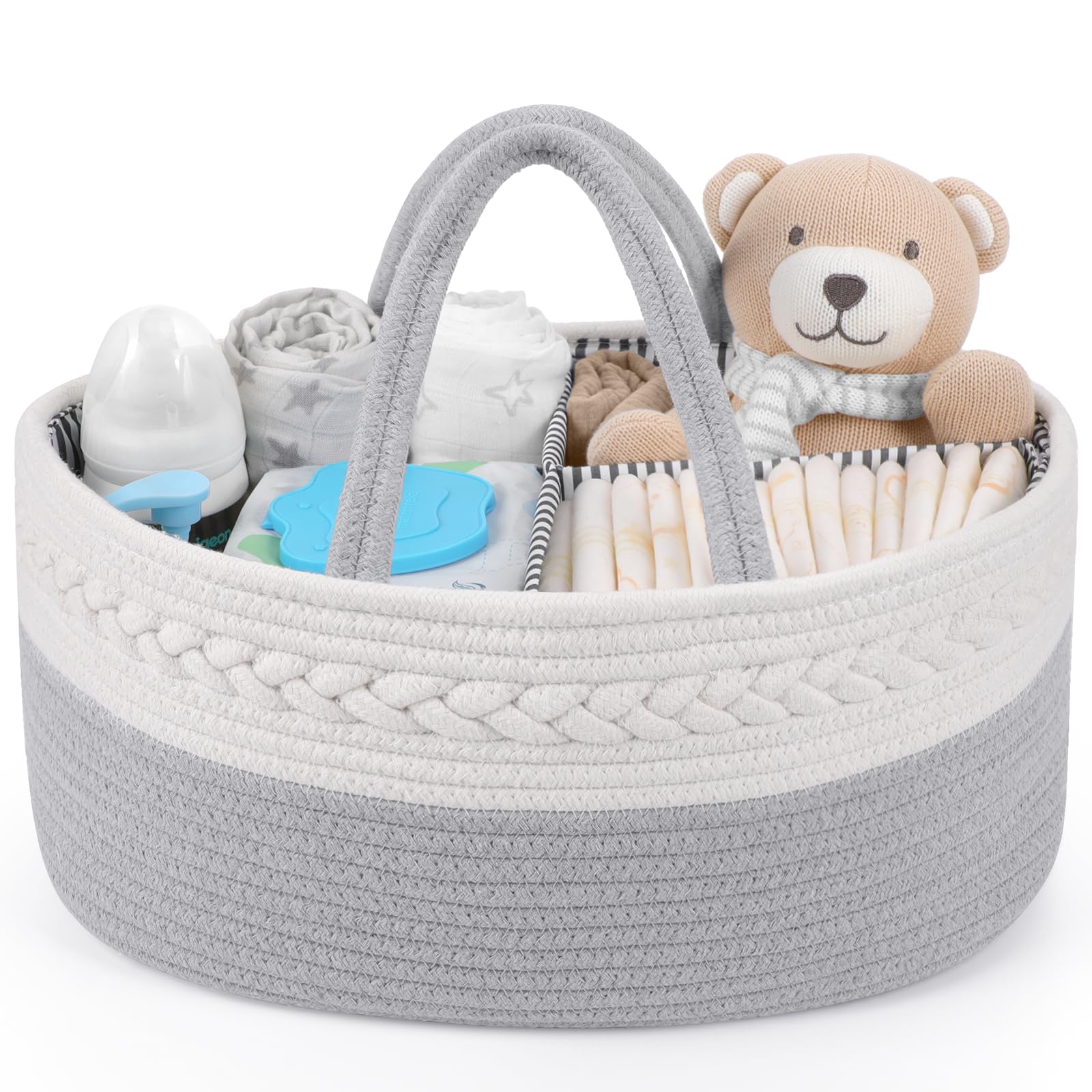 Maliton Nappy Caddy, Cotton Rope Newborn Essentials，Sturdy Portable Baby Caddy Storage Basket with Detachable Compartments，Nappy Organiser as Baby Shower Gifts for Newborn, Grey