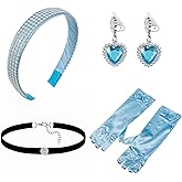 Teemotutu Blue Princess Costume Accesories,1 Pearl Headband 1 Choker 2 Gloves 2 Ear-Clips,Halloween Princess Cosplay Set for Women Girls Cinderella