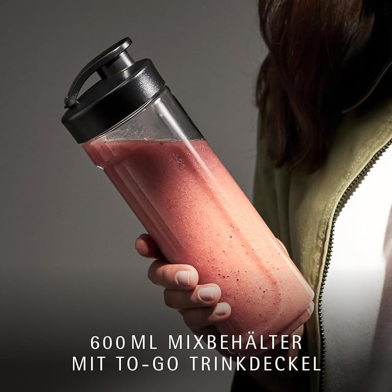Kult X Mix & Go Mini Smoothie Maker, Standmixer, Blender elektrisch, Shake Mixer 300 Watt Leistung, Tritan-Kunststoff Flasche 600ml, auslaufsicherer Schraubdeckel, rutschfeste Füße, Silber/Schwarz — Foto 3 von 8