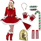 GVLAQST 9 Pcs Mrs Claus Costume Velvet Dress Hat Gloves Santa Sack Belt Socks Inflatable Cane Christmas Party Outfit