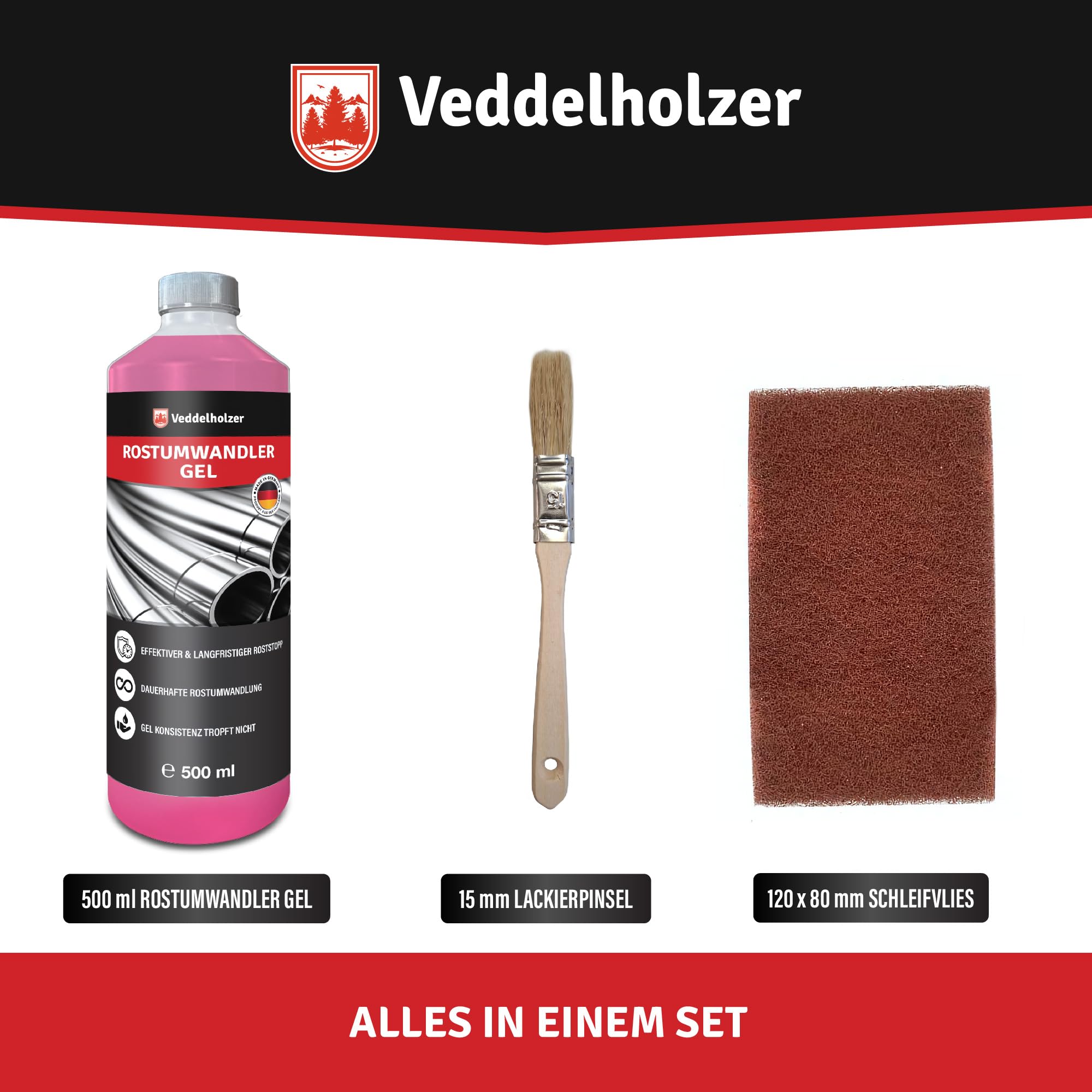 Veddelholzer Premium 500 ml Rostumwandler Gel Set inkl. Schleifvlies & Pinsel. Rostlöser, Rostschreck, Rostentferner für Metall, Auto, Motorrad, Fahrrad UVM. Effektive Alternative zum Rostlöser Spray 3