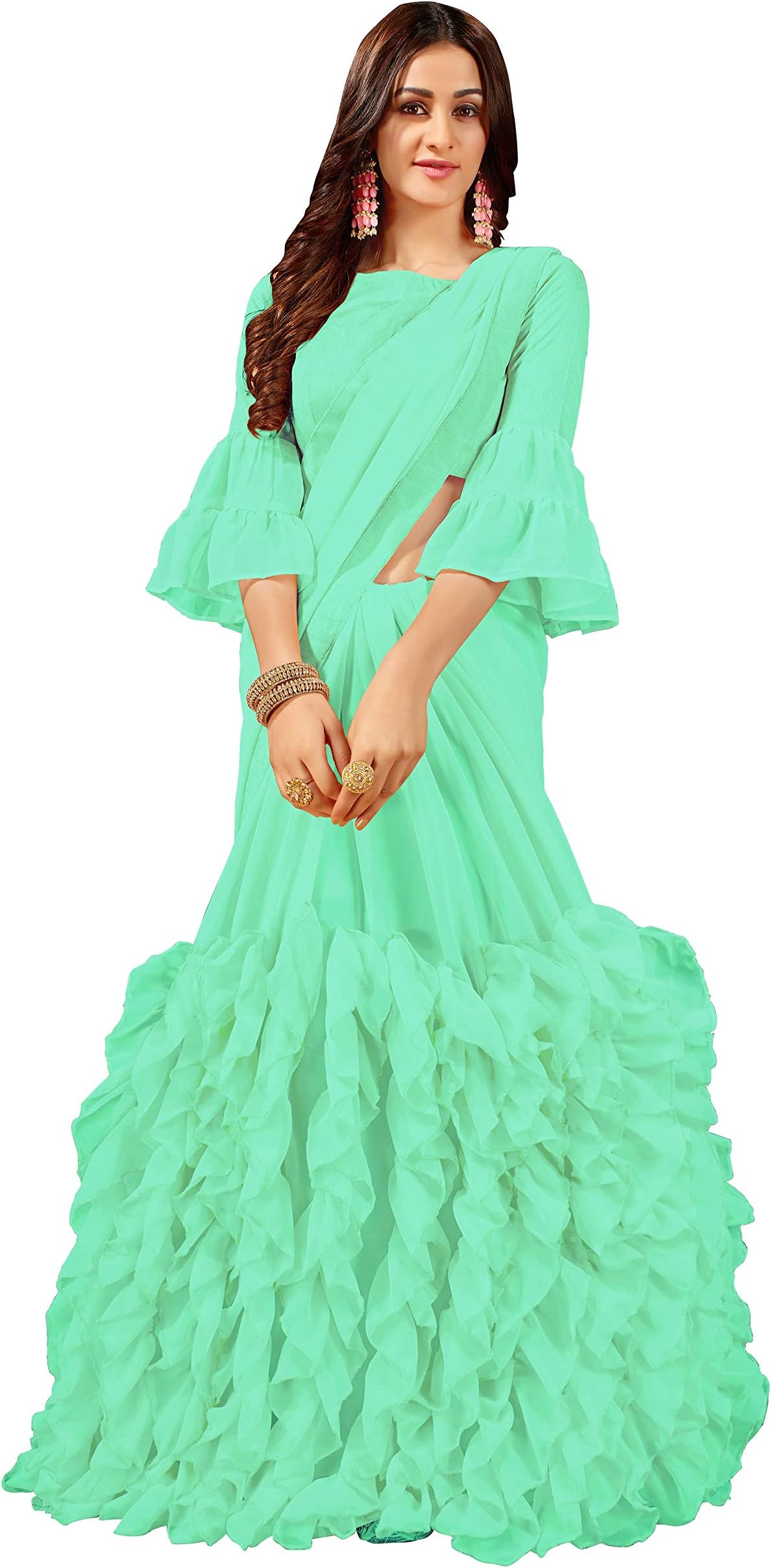 MANOHARI Plain Georgette Ruffle Saree with Blouse Piece