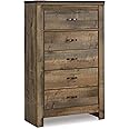 Signature Design by Ashley Trinell Rustic 5 Drawer Chest of Drawers with Nailhead Trim, Warm Brown