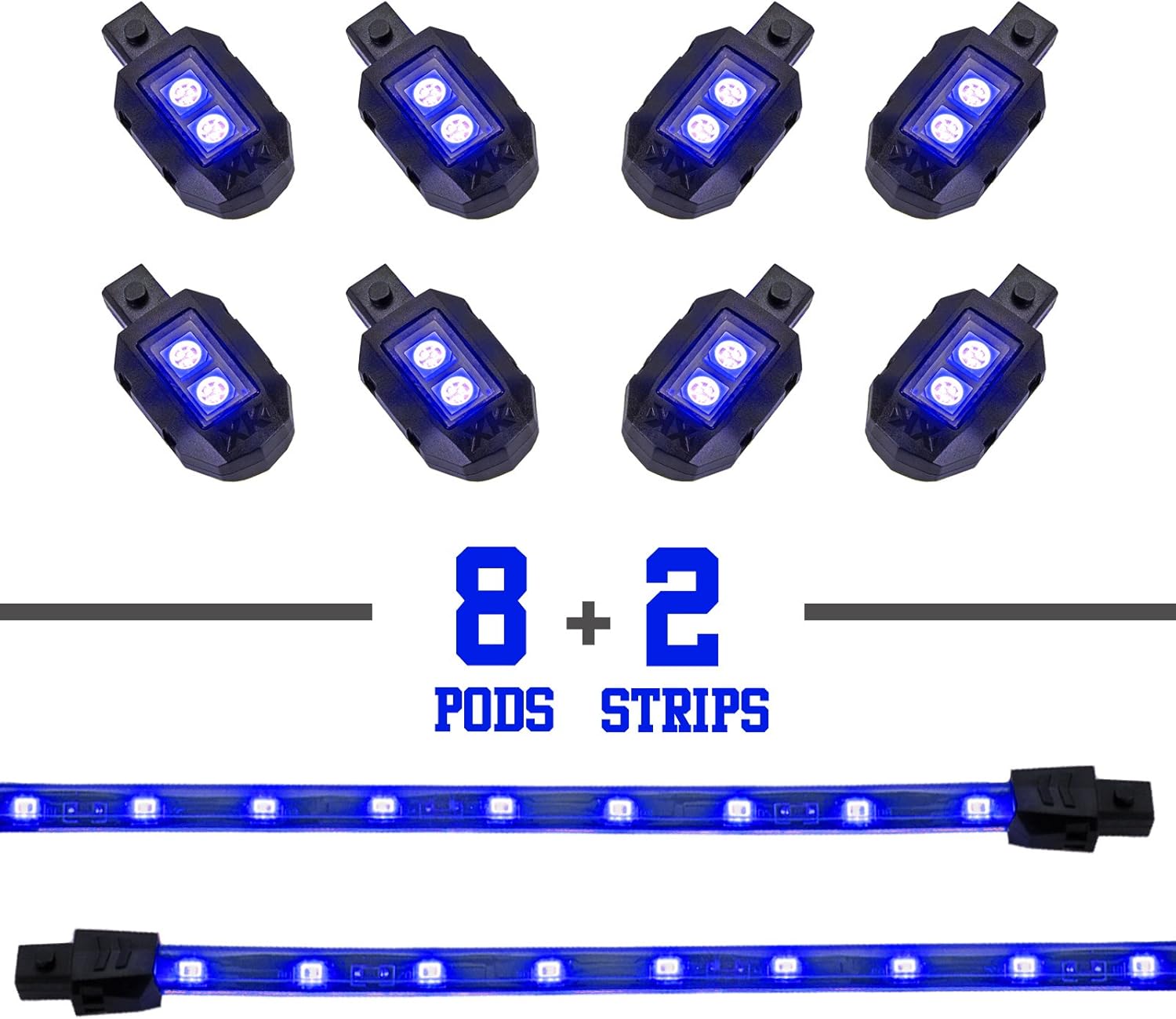 2nd Gen Single Color BLUE 8 POD 2 STRIP 60 LED Universal Motorcycle Accent Neon Underglow Light Kit: Automotive