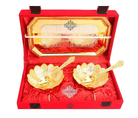 Indian Art Villa Embossed Design Gold Silver Plated Bowl Set with Spoons and 1 Tray, 100 ml, Service for 2