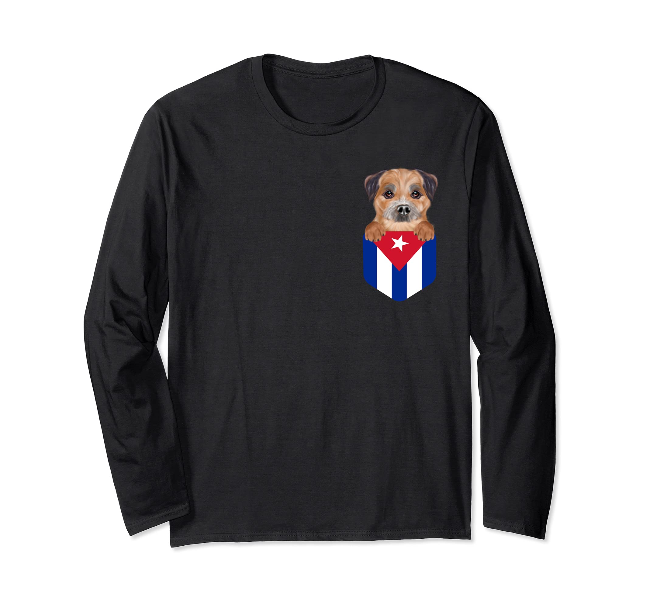 Cuba Flag Border Terrier Dog In Pocket Long Sleeve T-Shirt