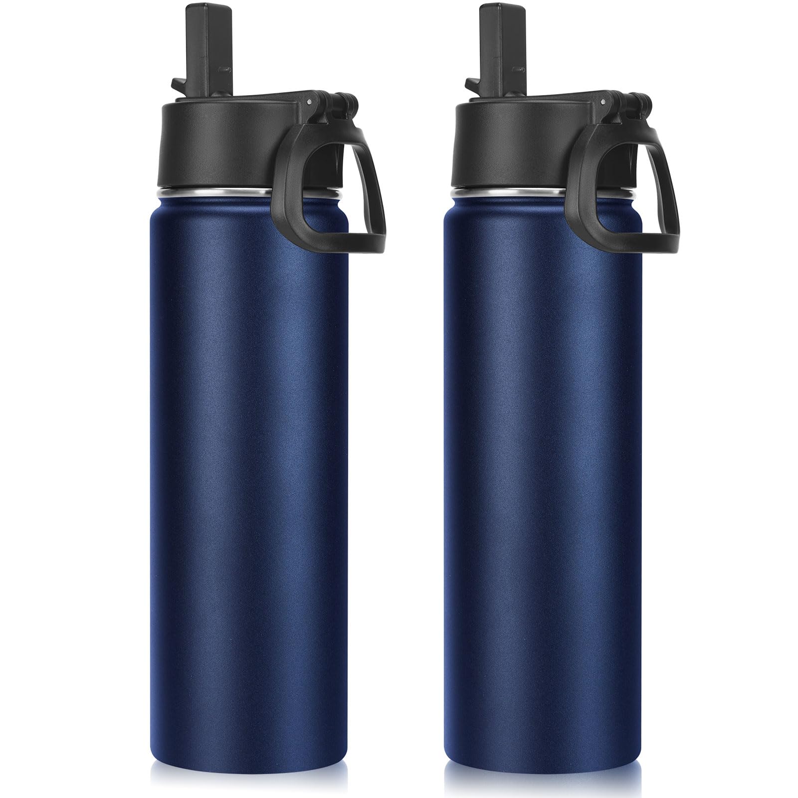 Volhoply Insulated Water Bottles with Straw Bulk 2 Pack, 660ml Reusable Stainless Steel Sports Bottle with Handle Lid, Double Walled Vacuum Metal Travel Cold Water Tumbler with Wide Mouth (Navy,2 Set)