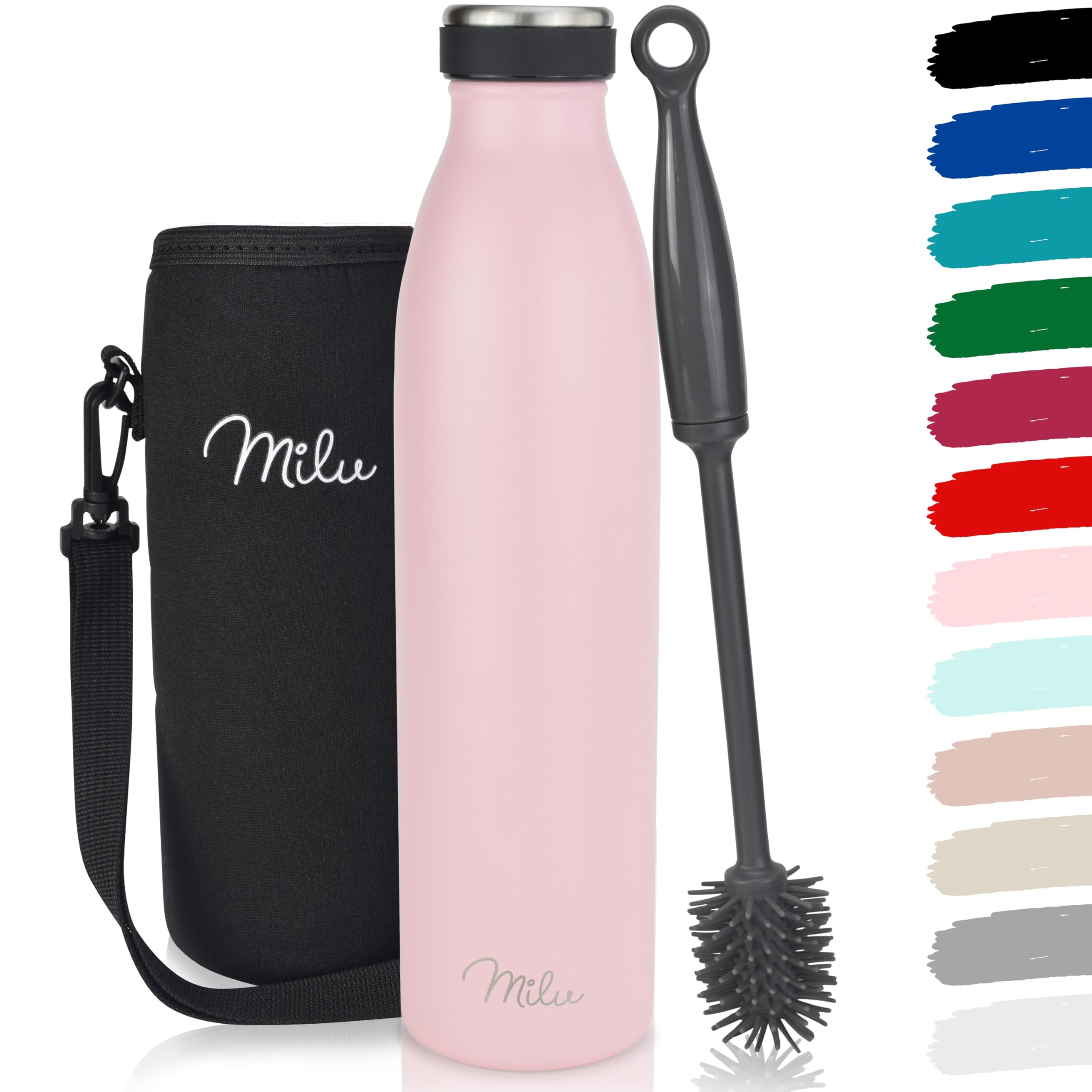 Milu Stainless Steel Drinking Bottle 500 ml - Insulated Thermo Flask for Water - Leak Proof, Insulated and Double Walled, Carbonated (Pink, 500ml)