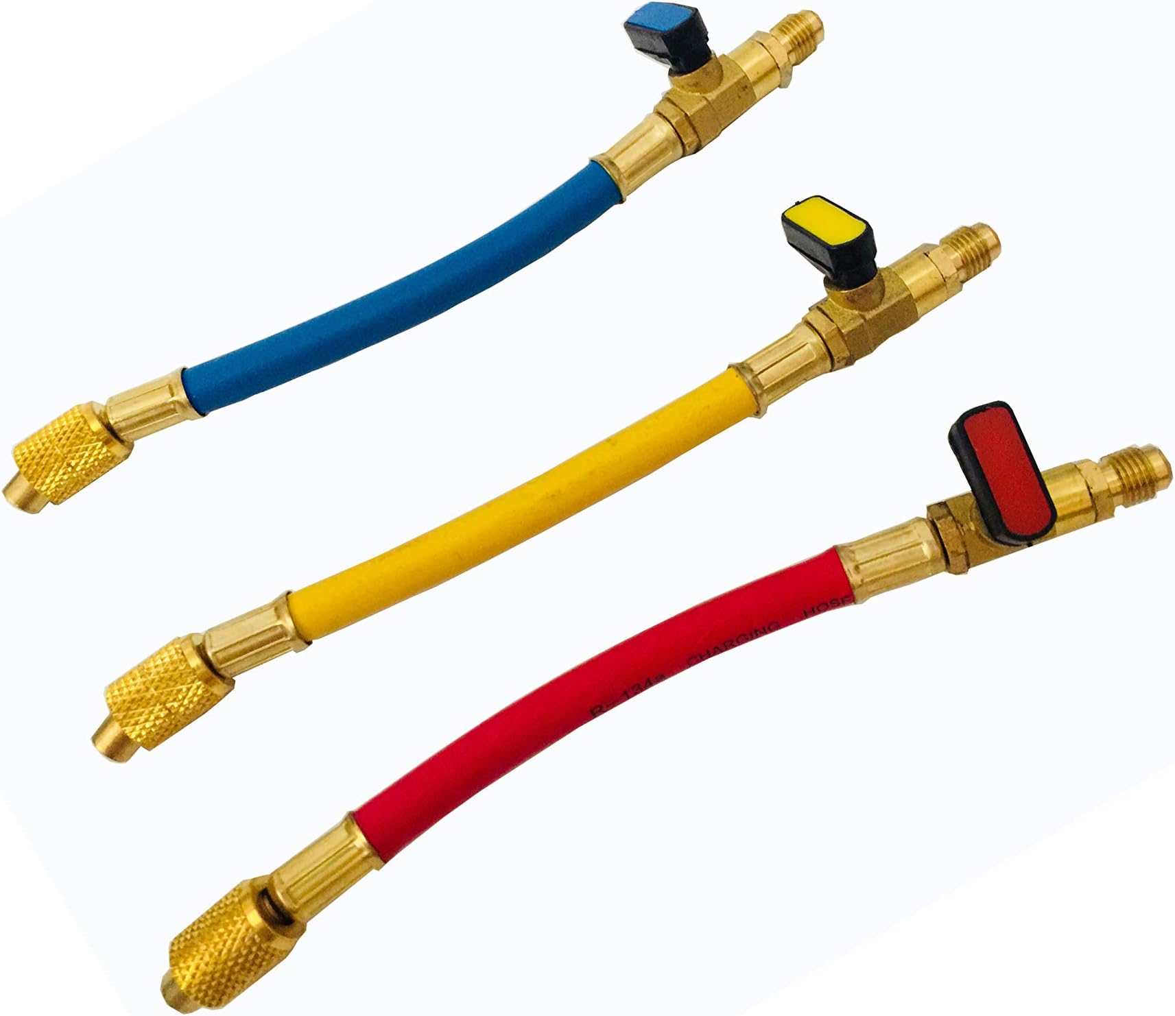 MengYoo R134A R410A R12 R22 Ball Valve with Charging Hoses Set 1/4 Inch SAE Thread Connector for Air Condition Refrigeration Charging Tools AC HVAC Maintenance Kit (3PCS)