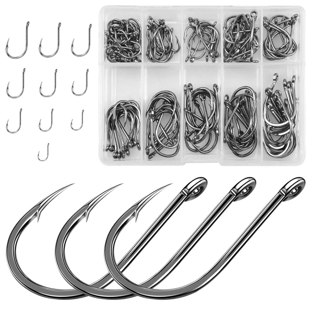 Jinlaili Fish Hooks, 100 PCS Fishing Hooks in 10 Sizes, Circle Hooks Fishing, Barbed Hooks Fishing, Eyed Fishing Hooks in High Carbon Steel with Plastic Box, 3# - 12#