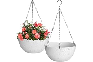 HIGSEEU 12 inch Hanging Planters for Indoor Plants, 2 Pack Planters for Outdoor Plants with Drainage Holes and Chain, Round Plastic Hanging Baskets, Hanging Flower Pots for Balcony Garden Decor-Speckled White