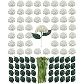 YFLIUBAI Artificial White Hydrangea Flowers with Leaves, 50 Pack, 6 Inch Silk Flower Heads, DIY Mother's Day Wedding Decor Set with 100 Leaves, 50 Stems
