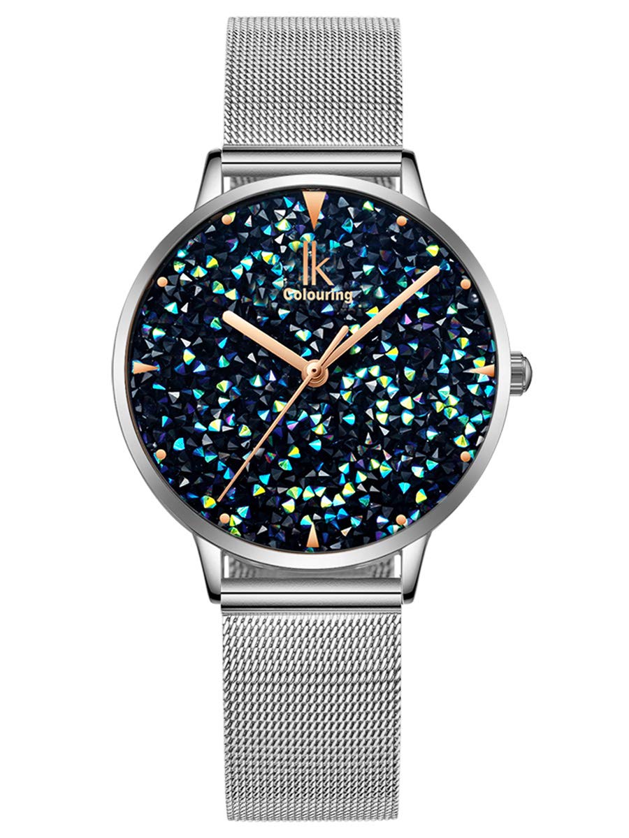Alienwork Women's Watch Silver Metal Mesh Strap Blue Rhinestone Glitter Elegant