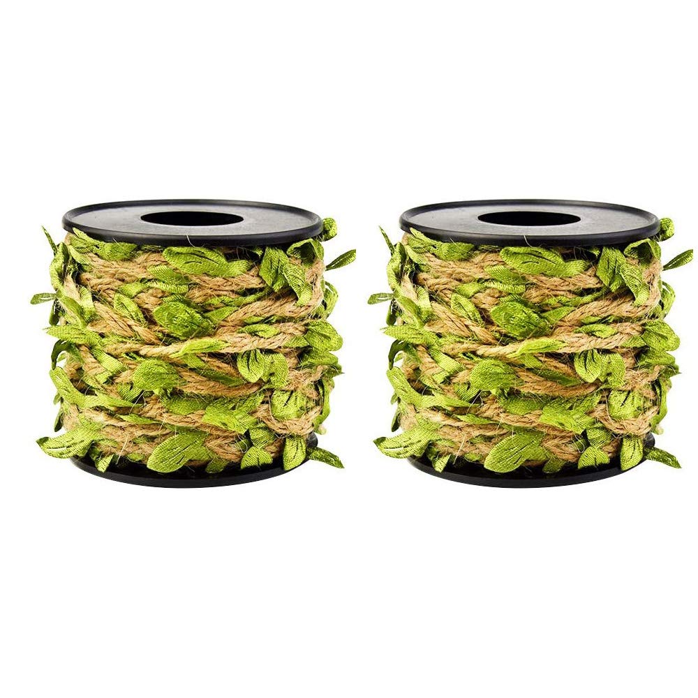Shiwaki 2PCS Jute Twine with Leaf, 33 Feet Leaf Ribbon with Coil for Wedding Home Garden Decoration - Green