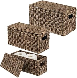mDesign Natural Woven Water Hyacinth Closet Storage Organizer Basket Bin with Removeable Lids to use in Closet, Bedroom, Bathroom, Entryway, Office - Set of 3 - Dark Brown Finish