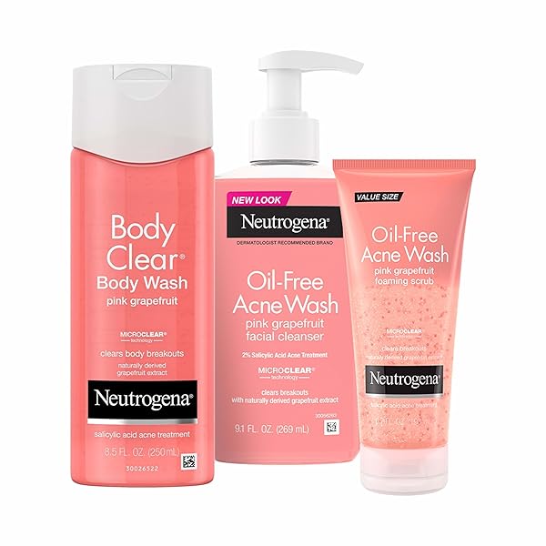 NEUTROGENA BODY CLEAR ACNE BODY WASH PINK GRAPEFRUIT – SALICYLIC ACID FORMULA FOR BREAKOUT TREATMENT, EXFOLIATING CLEANSER FOR CLEAR SKIN, 8.5 FL. OZ. BOTTLE, 3-PACK