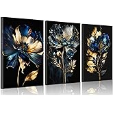 Abstract Blue and Gold Flower Canvas Wall Art Set of 3 Blooming Flowers Paintings Pictures Wall Decor Modern Neutral Black Luxury Posters Prints for Bedroom Living Room Home Decoration 16x24in