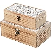 DECOR4SEASON Wooden Storage Box Set of 2 - Hand Carved Floral Decorative Boxes with Hinged Lids - Solid Pine Keepsake Organizer for Jewelry, Photos, and Rustic Farmhouse Home Décor