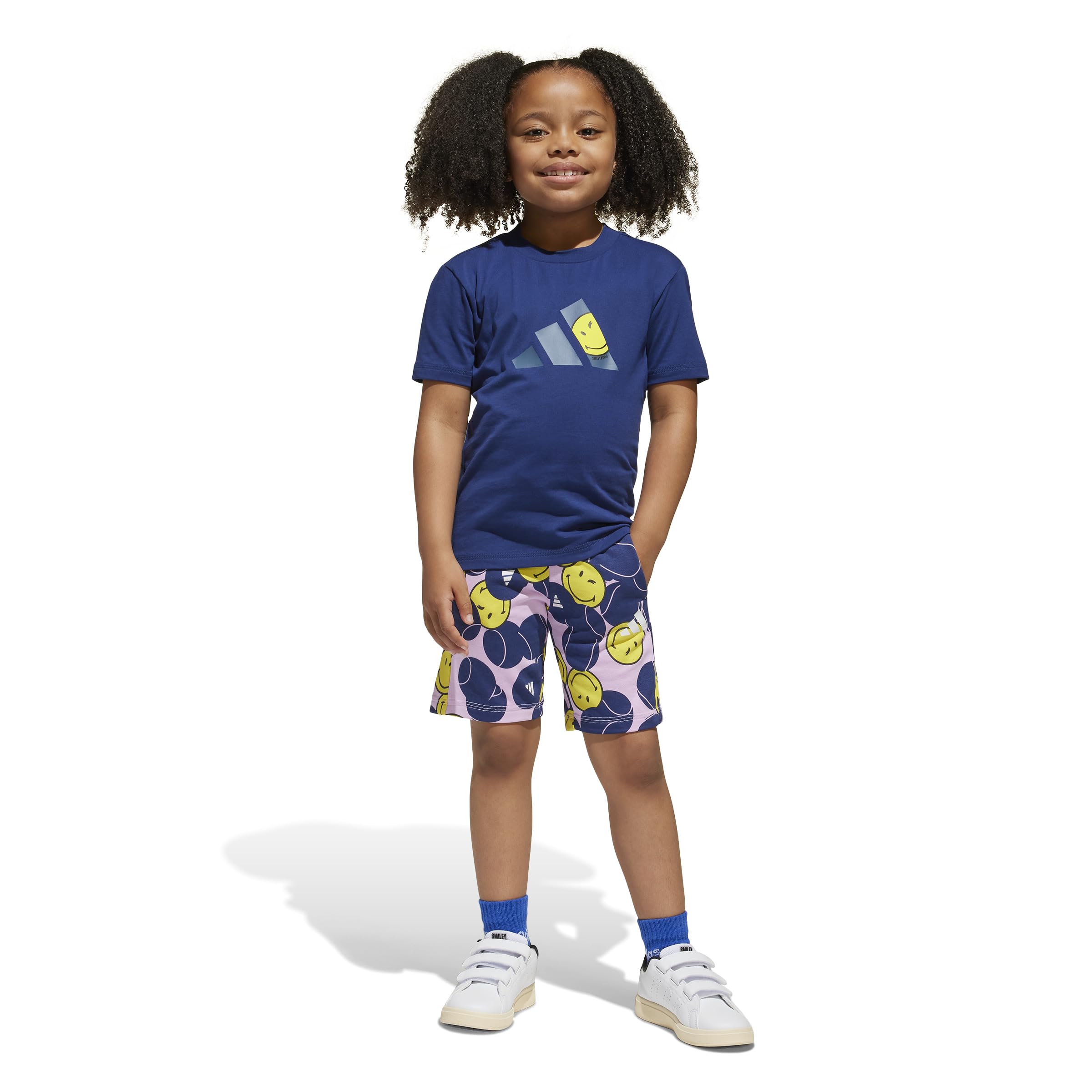 adidas Unisex-Kids x Smiley World Sportswear Pants Summer Set, Dark Blue/Wonder Blue/Bright Yellow/White, 5 Years