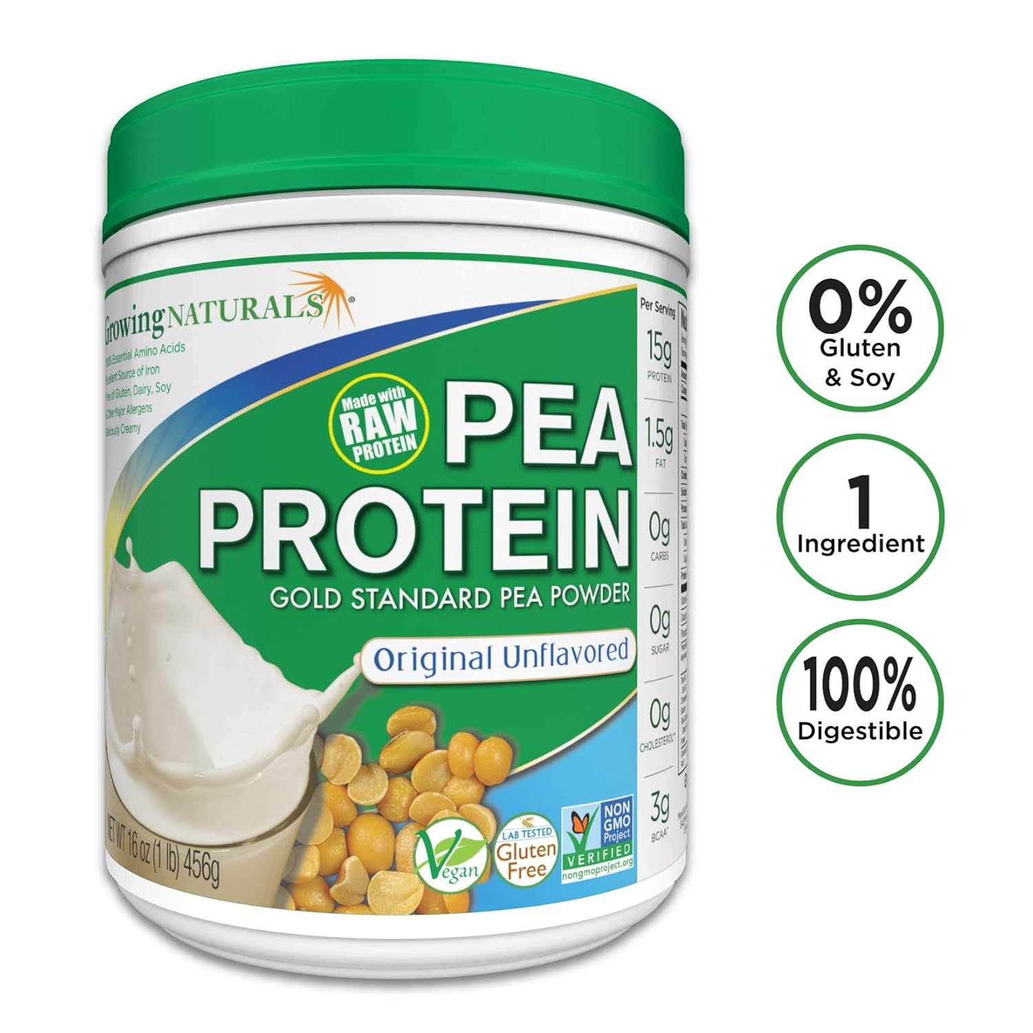 Growing Naturals | Plant Based Protein, Gold Standard Raw Pea Protein Powder | Original | Non-GMO, Vegan, Gluten-Free, Keto Friendly, Shelf-Stable | 1LB: Grocery & Gourmet Food