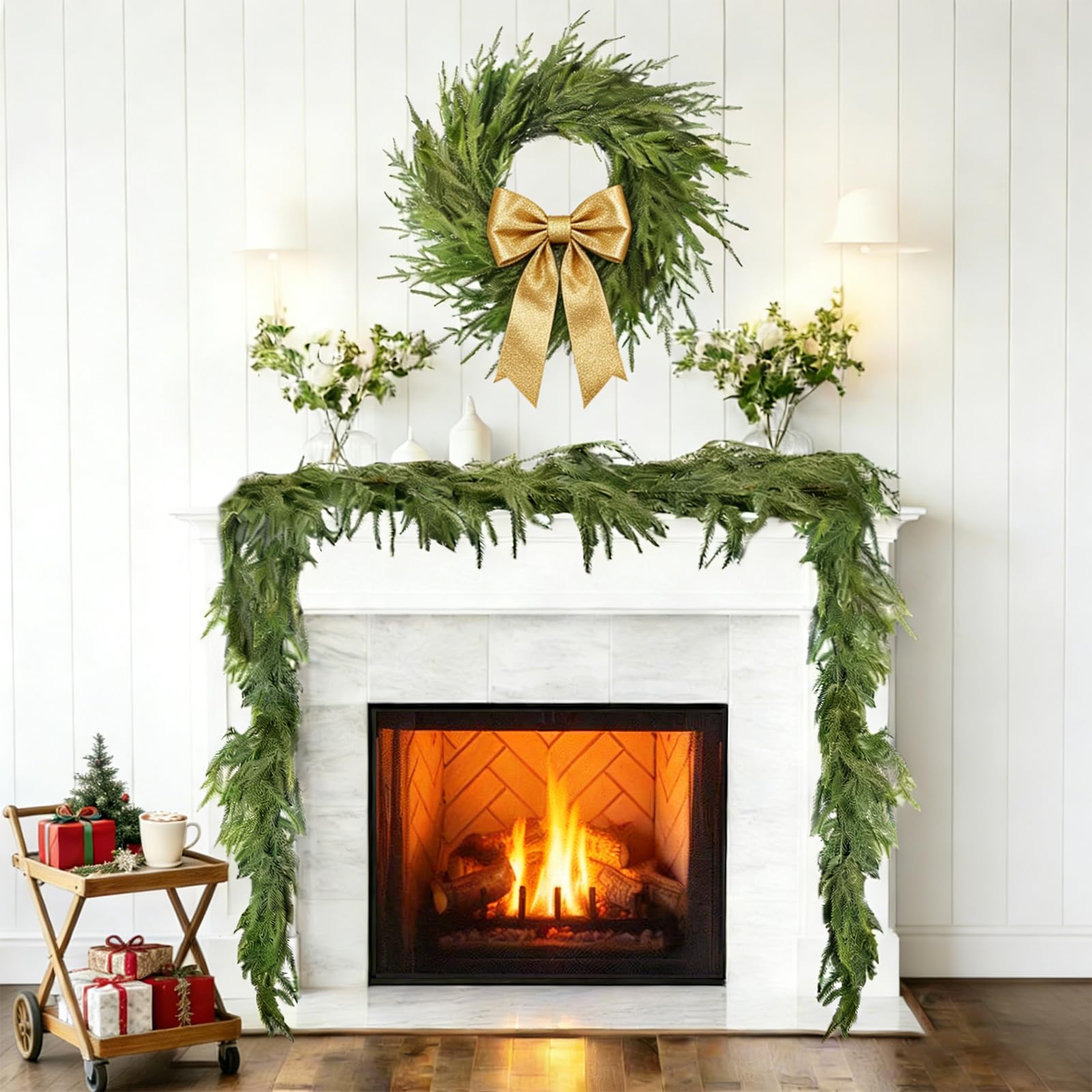 Photo 1 of 9ft Artificial Norfolk Pine Garlands, Real Touch Winter Pine Garland, Green Artificial Greenery Garland, Winter Decorations for Home for Table, Mantle, Wall